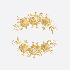 Hand Drawn Golden Roses Wreath. Gold Floral Template for text, logos, scrapbooking, web banners, wedding invitation cards etc. 