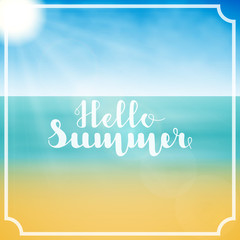 Lettering Hello Summer in white color in abstract background summer sea landscape. Vector illustration. EPS 10.