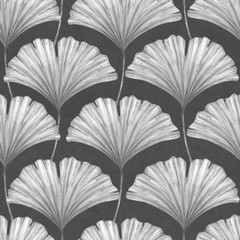 Leaves of Ginkgo Biloba on a dark gray background. Seamless pattern