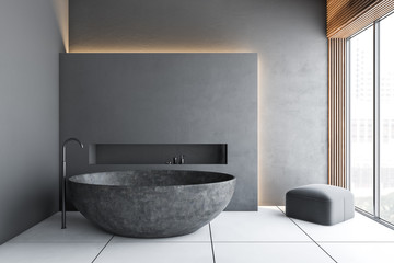 Gray minimalistic bathroom with gray tub