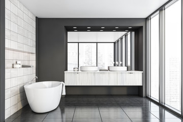 Fototapeta na wymiar Gray and wooden tile bathroom interior