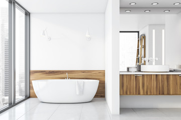 Luxury white and wooden bathroom interior