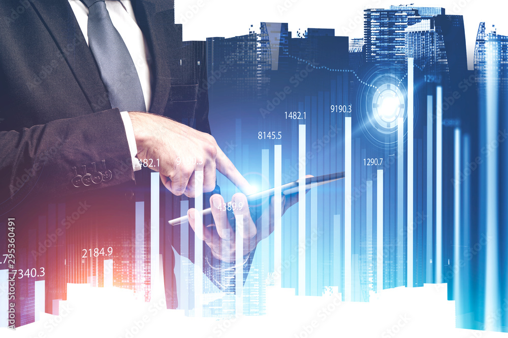 Poster man with tablet, graphs and hud interface