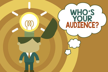 Word writing text Who S Your Audience Question. Business photo showcasing asking someone about listeners category Coaching Standing successful man suit necktie surging brilliant innovative solutions