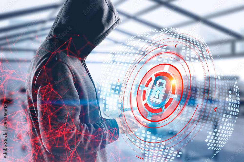 Poster hacker stealing data, cyber security interface
