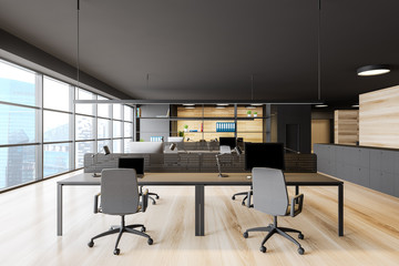 Dark gray and wooden open space office interior