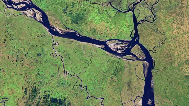 River path changing in many years time lapse, planet earth change, Padma india border animation aerial satellite view. Contains public domain image by Nasa