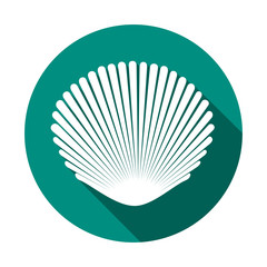 White seashell. Flat icon with long shadow on turquoise background. Flat design style. Vector illustration. EPS10.