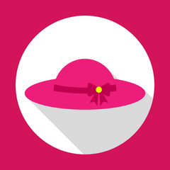 Sun hat pink color with bow. Flat icon with long shadow.