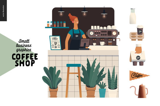 Coffee shop - small business illustrations - barista - modern flat vector concept illustration of a young woman wearing apron at the bar counter, coffee maker, plants, coffee elements