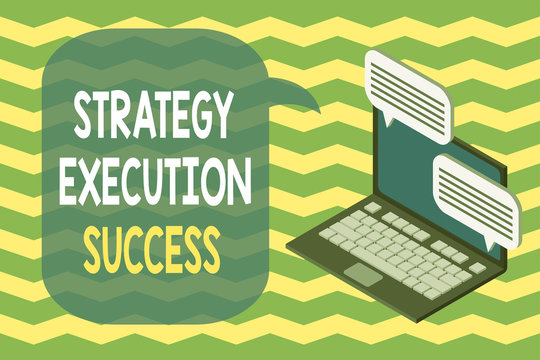 Word writing text Strategy Execution Success. Business photo showcasing putting plan or list and start doing it well Laptop receiving sending information conversation texting internet wireless