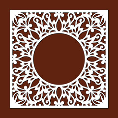 Ornamental valentines round frame, lace border. Laser cut template for wedding invitation. Envelope, greeting card with abstract floral ornament. Vector cutting. Openwork silhouette with lacy ornament