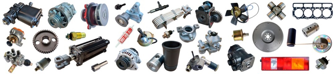 Auto spare parts car on the white background. Set with many isolated items for shop or aftermarket