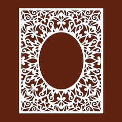 Ornamental oval frame, lace border. Laser cut template for wedding invitation. Envelope, greeting card with abstract floral ornament. Openwork silhouette for Valentine's day. Cutting of lacy ornament.
