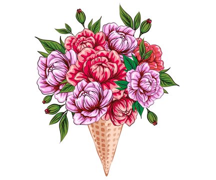 Beautiful holiday collection with delicate bouquet of colorful blooming, branches and leaves in waffle cone ice cream,  Invite template on white background for your design card with blooming flowers p