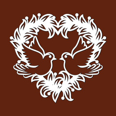 Laser cut template of openwork vector ornament. Silhouette of floral wreath for wedding invitation. Frame in shape of heart with dove birds, branches, leaves. Vintage border with decorative pattern.