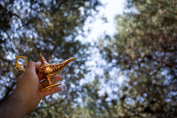 Antique artisanal Aladdin Arabian nights genie style oil lamp at the forest. Lamp of wishes fantasy...