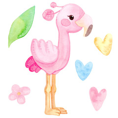 Cute cartoon illustration. Hand drawn watercolor. Set of tropical pink flamingos, heart, leaf, flowers. The template is isolated on a white background.