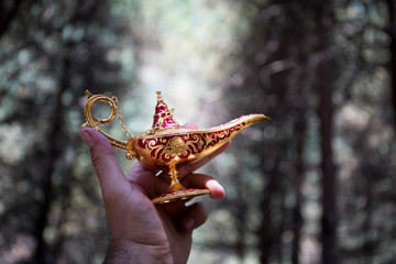 Antique artisanal Aladdin Arabian nights genie style oil lamp at the forest. Lamp of wishes fantasy...