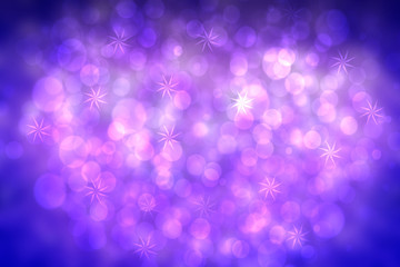 Abstract blurred festive delicate winter christmas or Happy New Year background with shiny blue pink and white bokeh lighted stars. Space for your design. Card concept.