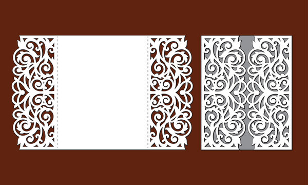 Laser cutting template of openwork vector silhouette. Gate fold wedding invitation card. Envelope with ornate abstract ornament. Panels with decorative design pattern. Lace border at vintage style.