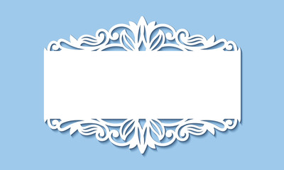 Laser cutting template of openwork vector silhouette. Wedding invitation card with lace border at vintage style. Elegant ornamental vignette on blue background. Cutout paper frame for holiday party.