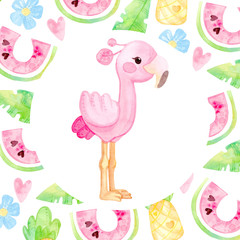 Cute cartoon illustration. Hand drawn watercolor. Round frame of tropical pink flamingos, watermelon, pineapple flowers. Template for postcard.