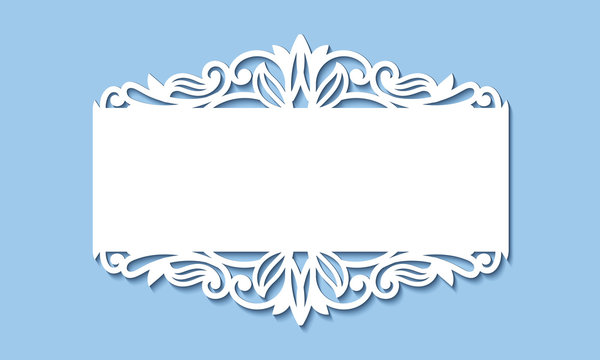 Laser cutting template of openwork vector silhouette. Wedding invitation card with lace border at vintage style. Elegant ornamental vignette on blue background. Cutout paper frame for holiday party.