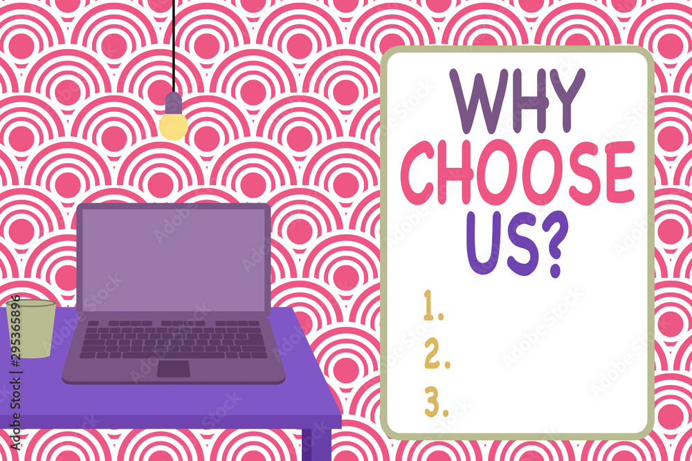 Aufkleber conceptual hand writing showing why choose us question. concept meaning reasons for choosing our bra