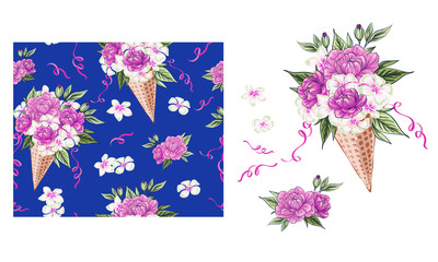 Beautiful holiday collection with delicate bouquet of colorful blooming, branches and leaves in waffle cone ice cream,  floral seamless pattern with blooming flowers peonies, flower buds  in waffle co