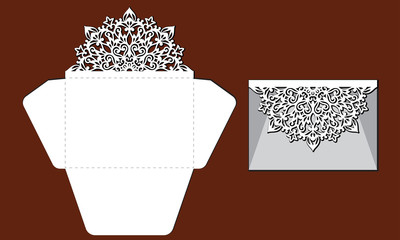 Laser cut template of openwork vector silhouette. For wedding invitation card with lace border at vintage style. Envelope with ornate abstract ornament. Decorative design pattern for holiday party.