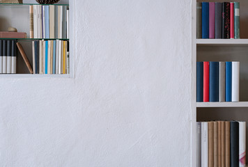 White wall with bookshelves copyspace 