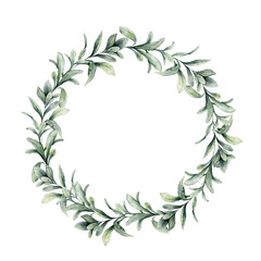 Watercolor winter wreath with lambs ears branch. Hand painted green woolly hedgenettle leaves composition isolated on white background. Holiday floral illustration for design, print or background.