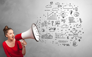 Person holding megaphone and yelling office concept