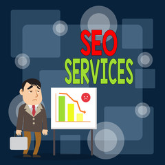 Writing note showing Seo Services. Business concept for suite of techniques and procedures to surge website visibility Businessman with Brief Case Standing Whiteboard Bar Chart