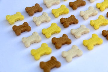 Dog treats shaped like little bones, neatly arranged on white background. Selective focus.