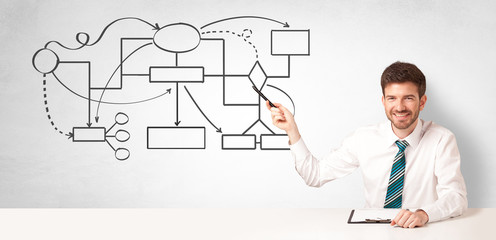 Businessman sitting at desk and presenting organizational chart