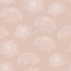 Elegant seamless pattern with hand drawn line chrysanthemum flowers. Floral pattern for wedding invitations, greeting cards, scrapbooking, print, gift wrap, manufacturing. Beige background.