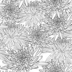 Elegant seamless pattern with hand drawn line chrysanthemum flowers. Floral pattern for wedding invitations, greeting cards, scrapbooking, print, gift wrap, manufacturing. White background.