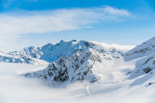 Panorama of ski runs on the Kaunertal glacier in Austria.