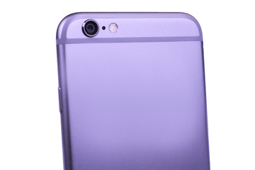 Close up of smart cell phone with camera isolated on white background