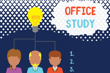 Conceptual hand writing showing Office Study. Concept meaning any location or venue where a demonstrating s is work is performed Three executive persons sharing idea Startup team meeting