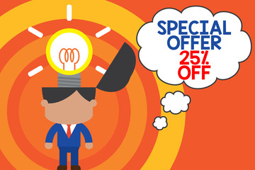 Word writing text Special Offer 25 Percent Off. Business photo showcasing Discounts promotion Sales Retail Marketing Offer Standing successful man suit necktie surging brilliant innovative solutions