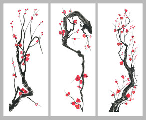 Set of sakura blossom branches. Pink and red stylized flowers of plum mei and  wild cherry . Watercolor and ink illustration of tree in style sumi-e, go-hua,  u-sin. Oriental traditional painting. .