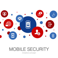 mobile security trendy circle template with simple icons. Contains such elements as mobile phishing, spyware, internet security, data