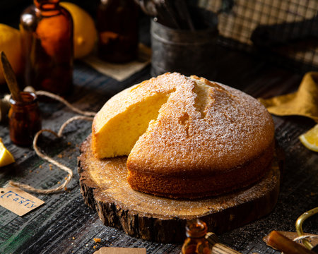 homemade tasty sliced baked lemon biscuit cake with powdered sugar on top stands on wooden board on rustic table with lemons, old bottles opposite concrete wall, selective focus