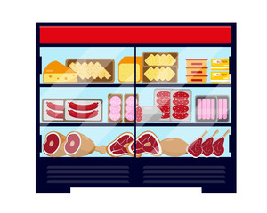 Big showcase refrigerator full of meat food and cheese. Vector illustration isolated on white background.