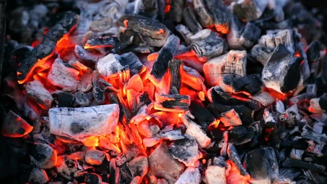 Closeup of warm fire burning in a campfire with hot charcoals