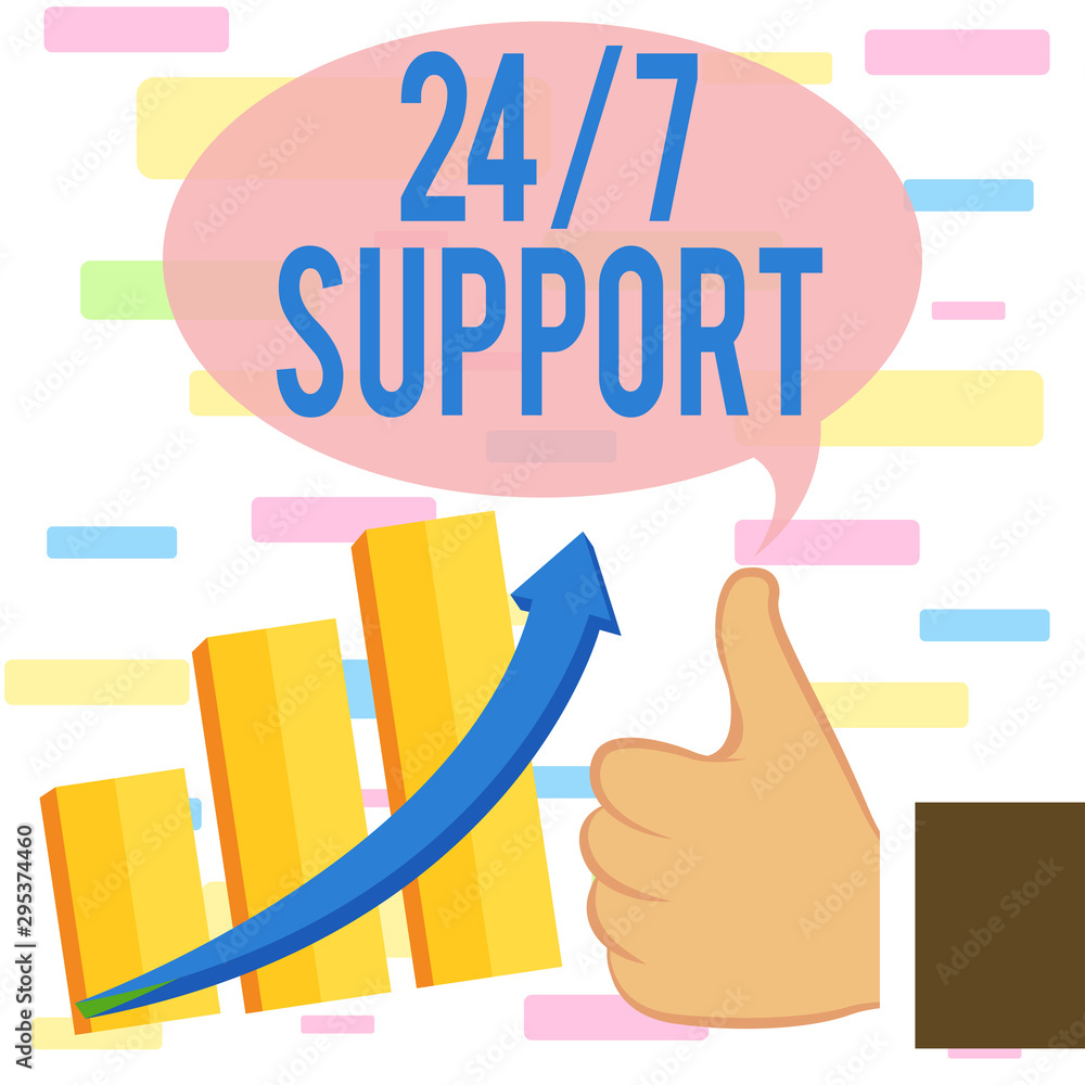 Poster writing note showing 24 or 7 support. business concept for giving assistance to service whole day an