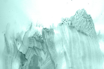 Abstract watercolor background hand-drawn on paper. Volumetric smoke elements. Blue-Green color. For design, web, card, text, decoration, surfaces.